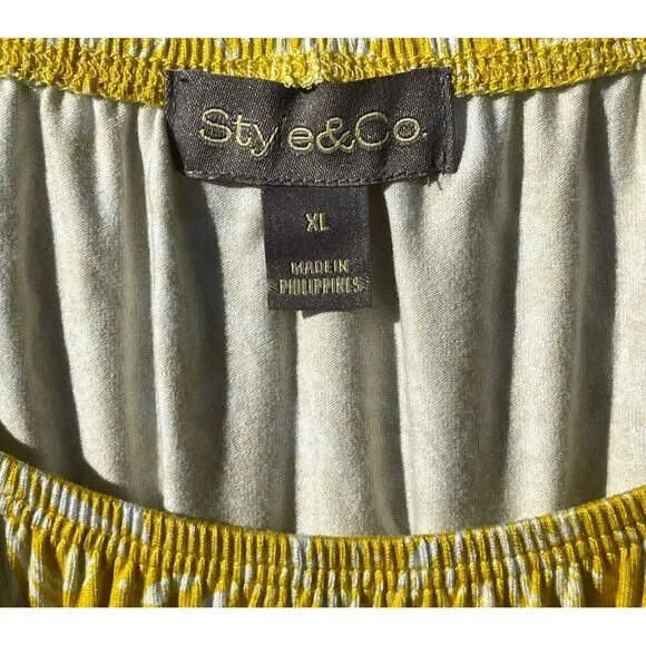 Style & Co XL Yellow Floral Bell Sleeve On Off Knit Top Dainty Ochre Rayon Blend - Picture 8 of 10